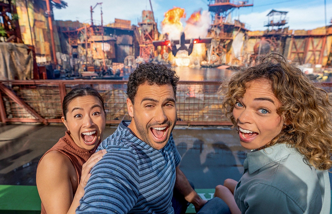 Visitors watching waterworld show Universal Studios Hollywood