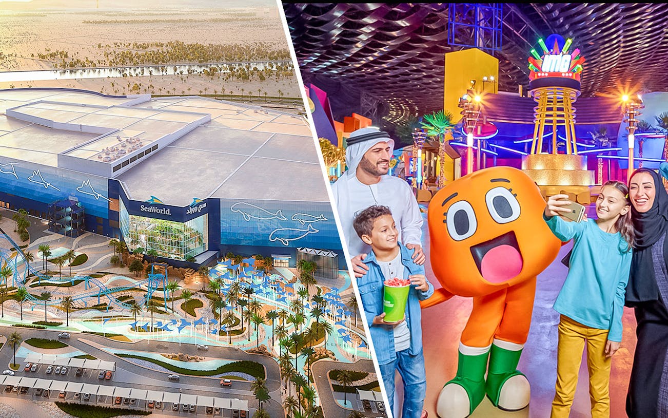 Sea World exterior and family taking selfie with IMG mascot indoors.