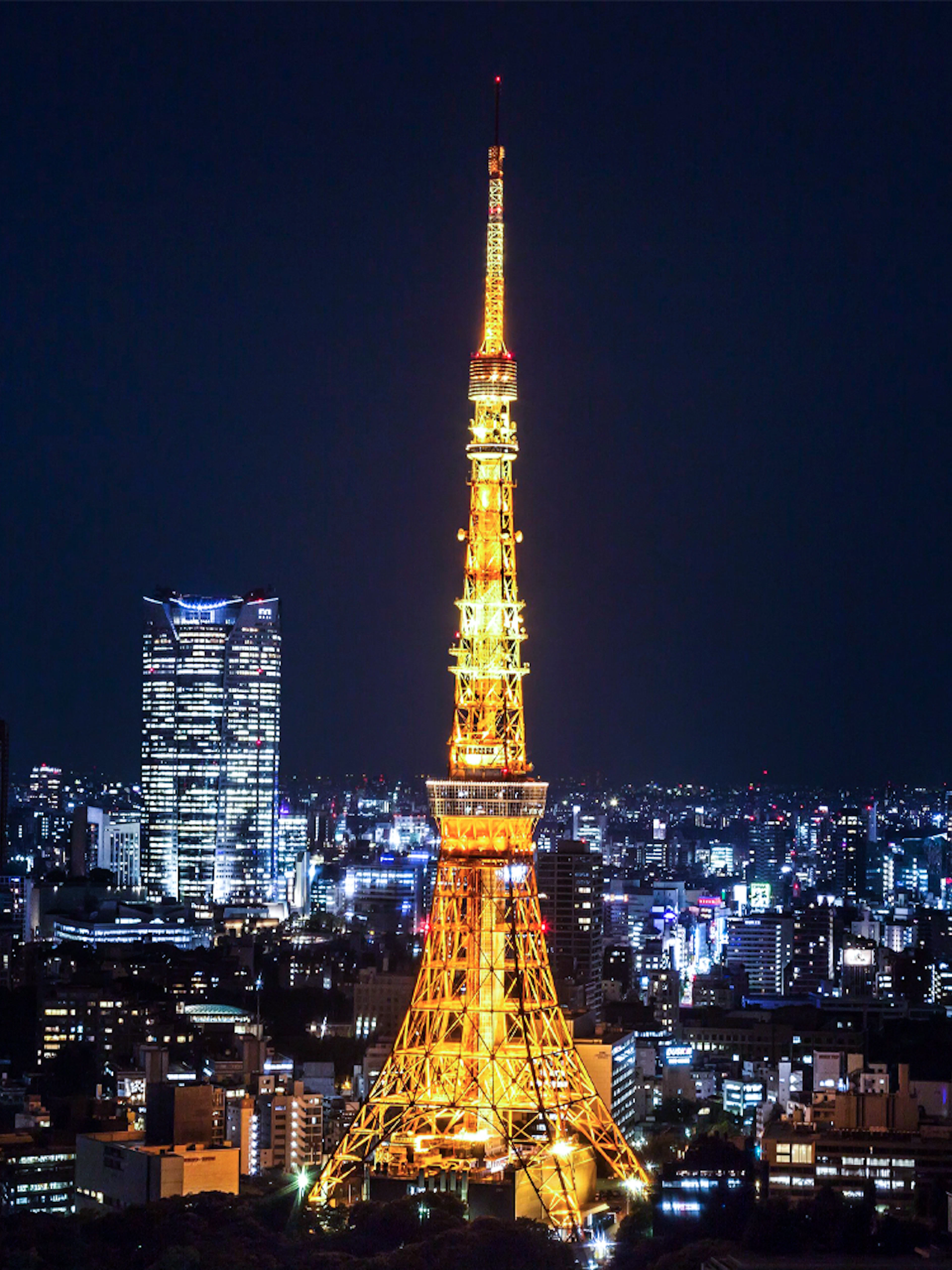Tokyo Tower illuminated at night with city skyline.