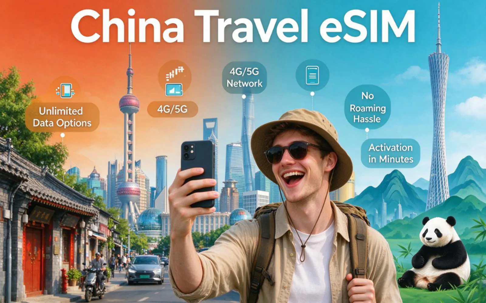 Traveler using smartphone with China eSIM, featuring Shanghai skyline and panda, highlighting 4G/5G network benefits.