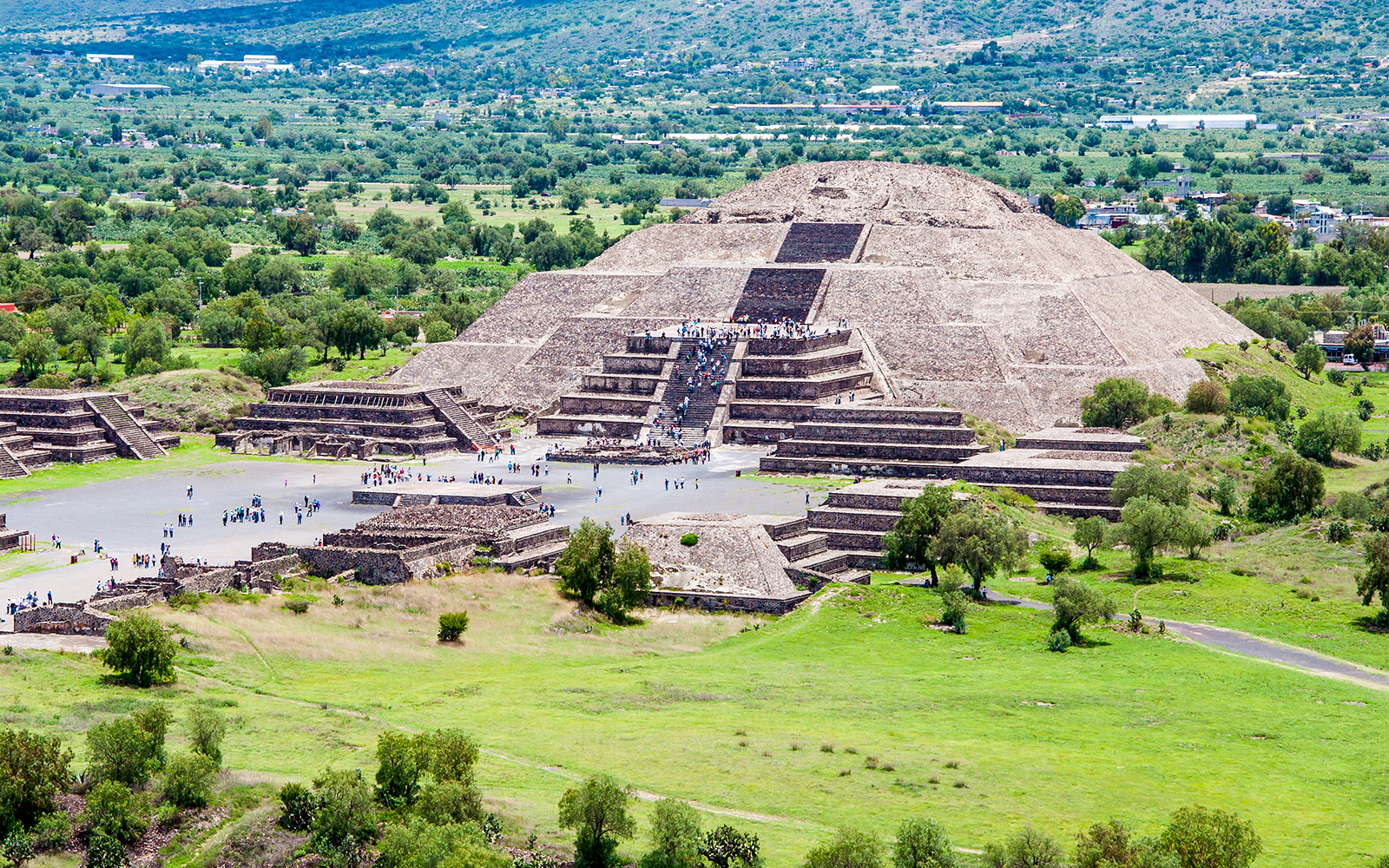 Teotihuacan Pyramid of the Moon with surrounding trees in Mexico.