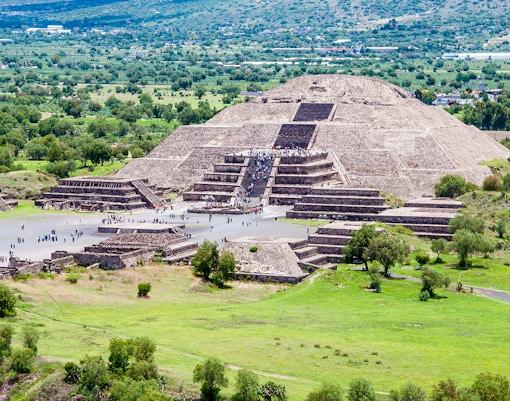 Teotihuacan Pyramid of the Moon with surrounding trees in Mexico.