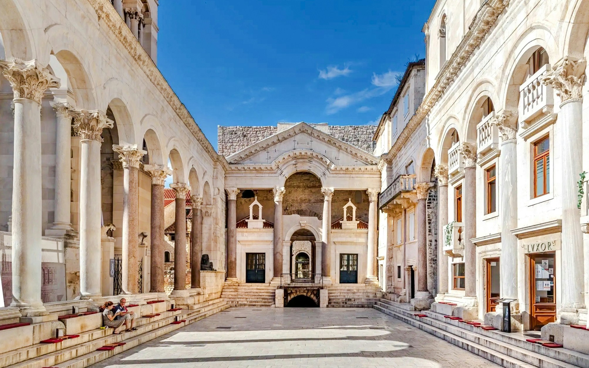 Diocletian's Palace courtyard with ancient columns in Split, Croatia.