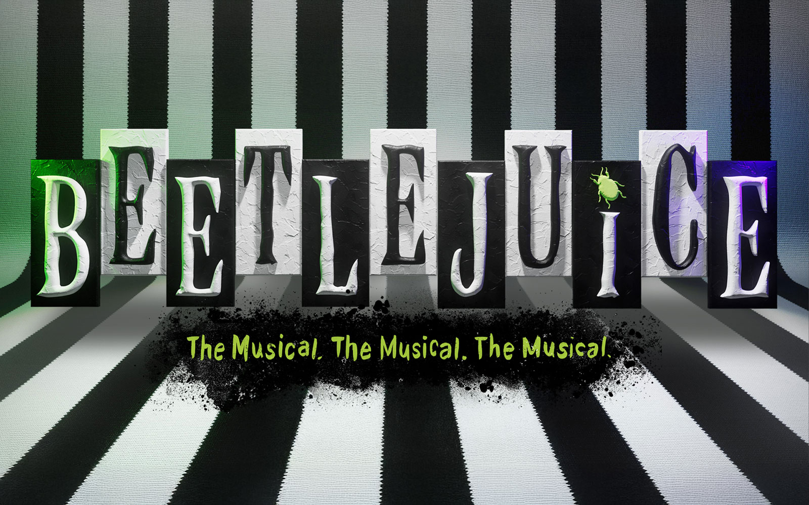 Beetlejuice West End show poster with striped background and green text.