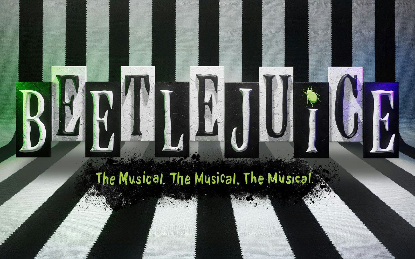 Beetlejuice West End show poster with striped background and green text.