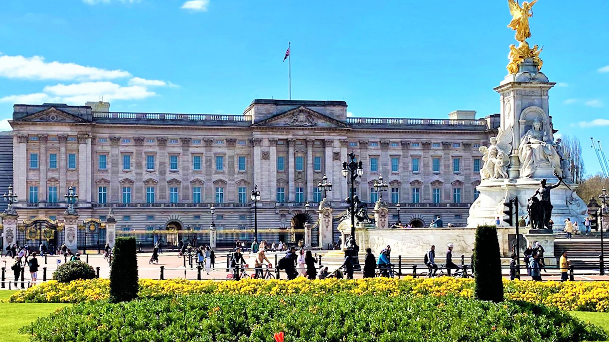 Buckingham Palace exterior with Victoria Memorial in London.