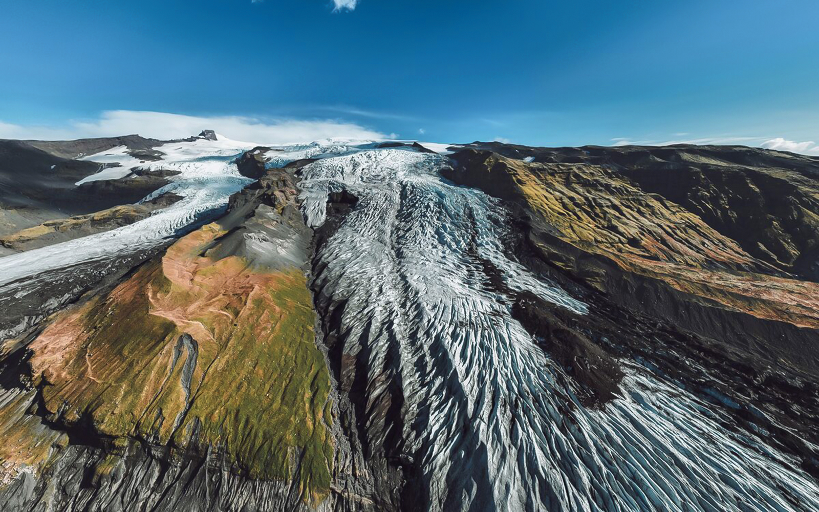 Aerial view of glacier crevasse and ice maze in Skaftafell, Iceland.