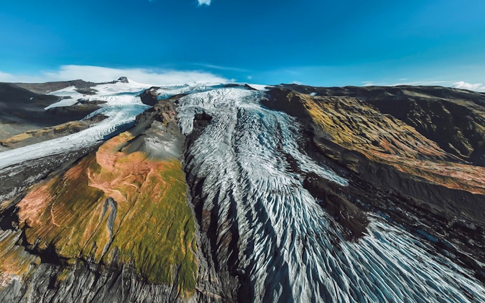 Aerial view of glacier crevasse and ice maze in Skaftafell, Iceland.