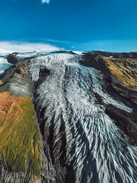 Aerial view of glacier crevasse and ice maze in Skaftafell, Iceland.