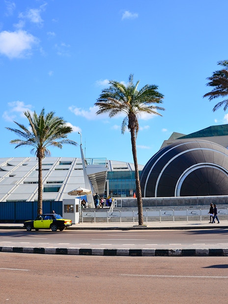Modern architecture of the Bibliotheca Alexandrina in Cairo, Egypt, with palm trees and street view.