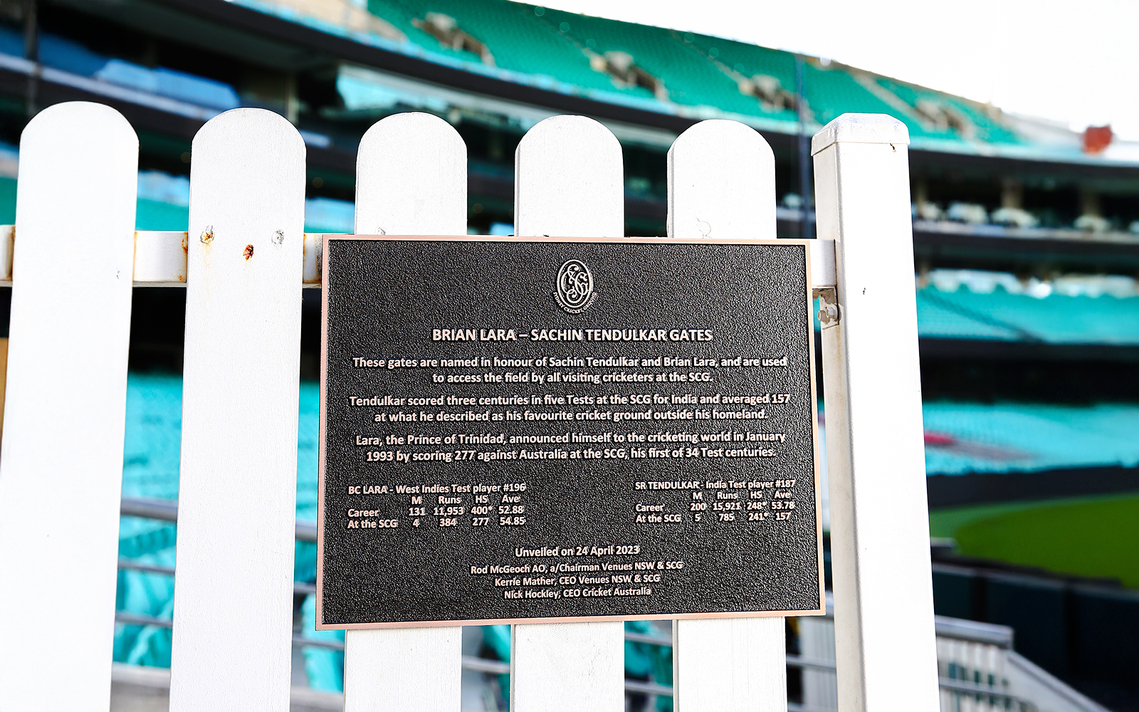 Plaque at Sydney Cricket Ground honoring Brian Lara and Sachin Tendulkar, part of a stadium tour.