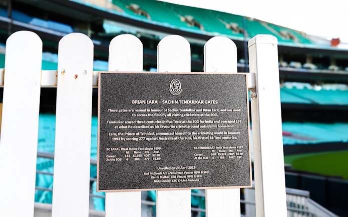 Plaque at Sydney Cricket Ground honoring Brian Lara and Sachin Tendulkar, part of a stadium tour.