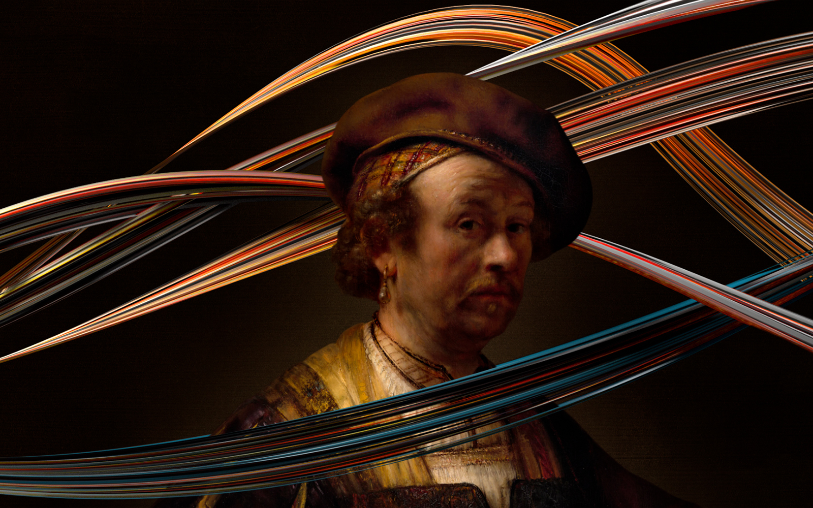 Rembrandt portrait with dynamic light trails at Remastered audiovisual experience, Rotterdam.