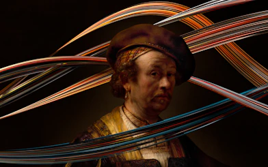 Rembrandt portrait with dynamic light trails at Remastered audiovisual experience, Rotterdam.