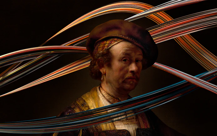 Rembrandt portrait with dynamic light trails at Remastered audiovisual experience, Rotterdam.