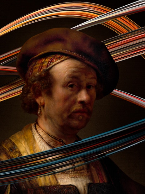 Rembrandt portrait with dynamic light trails at Remastered audiovisual experience, Rotterdam.