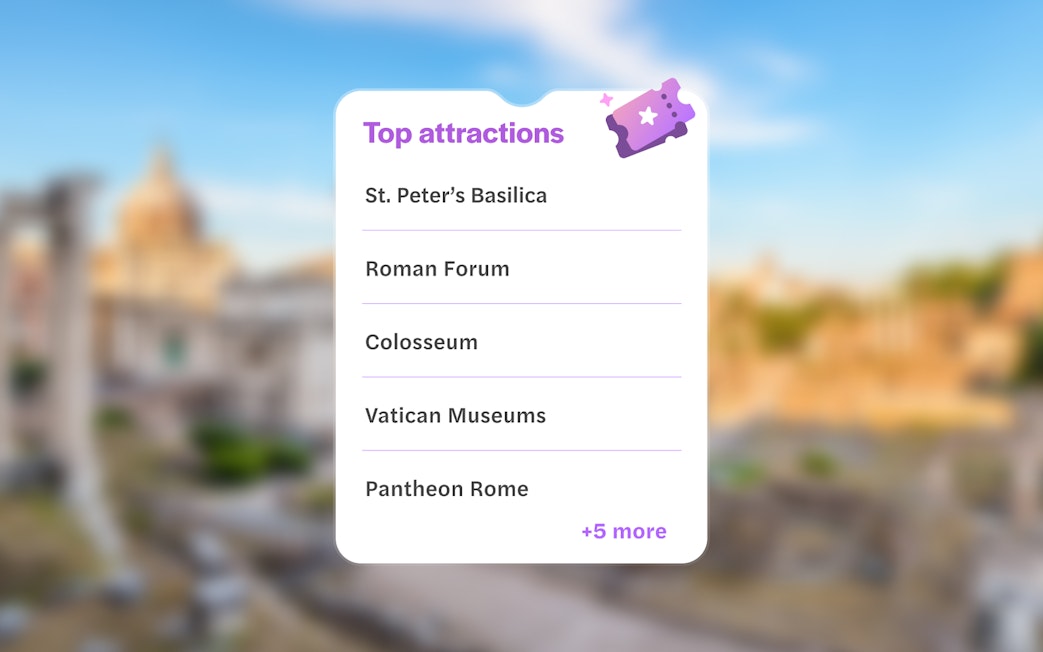 Top attractions in Rome: St. Peter’s Basilica, Roman Forum, Colosseum, Vatican Museums, Pantheon.
