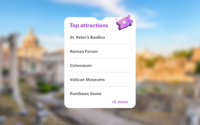Top attractions in Rome: St. Peter’s Basilica, Roman Forum, Colosseum, Vatican Museums, Pantheon.