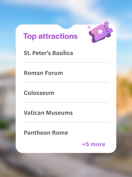Top attractions in Rome: St. Peter’s Basilica, Roman Forum, Colosseum, Vatican Museums, Pantheon.