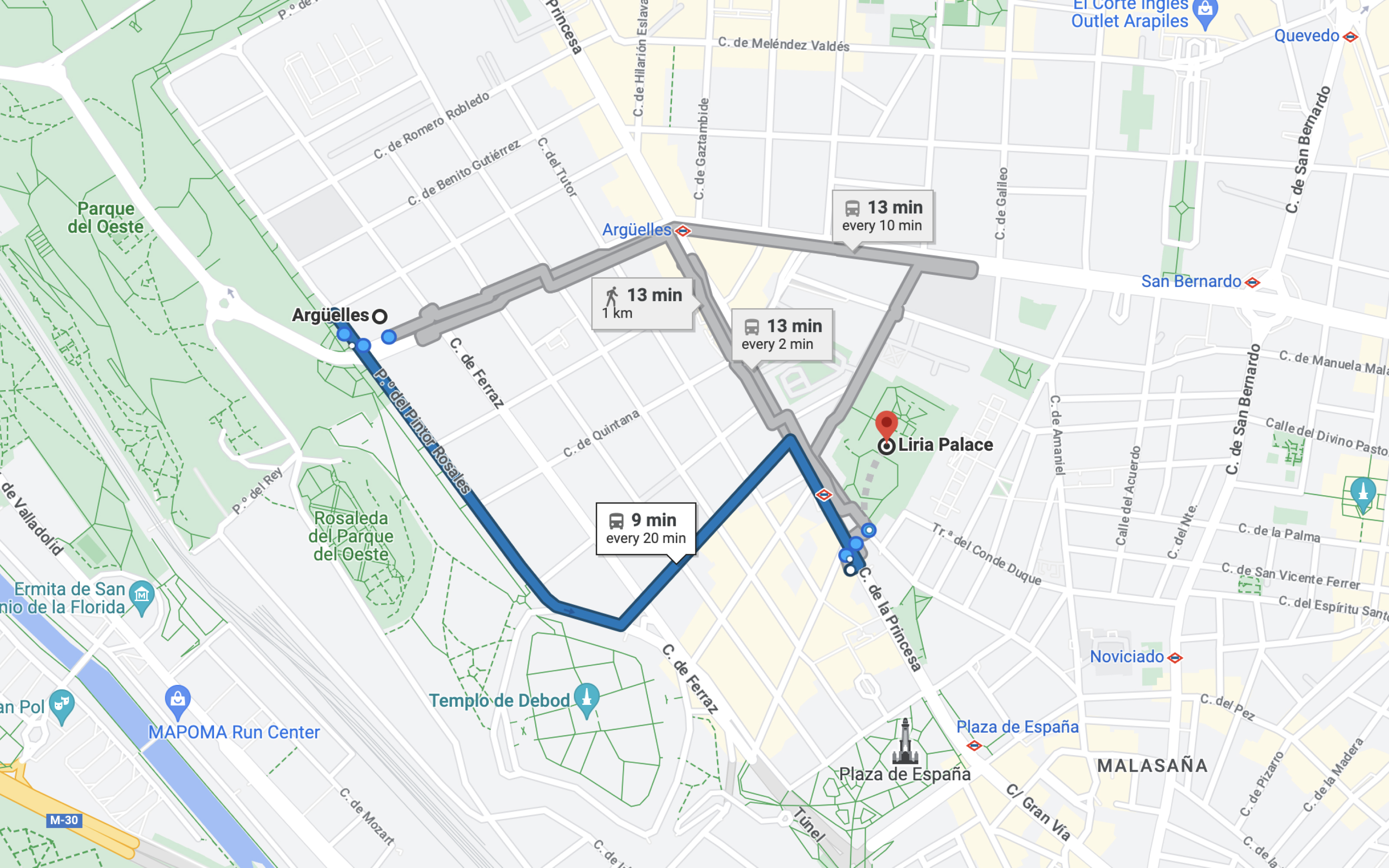 Metro Route from Argüelles to Liria Palace
