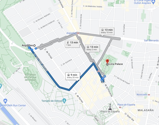 Metro Route from Argüelles to Liria Palace