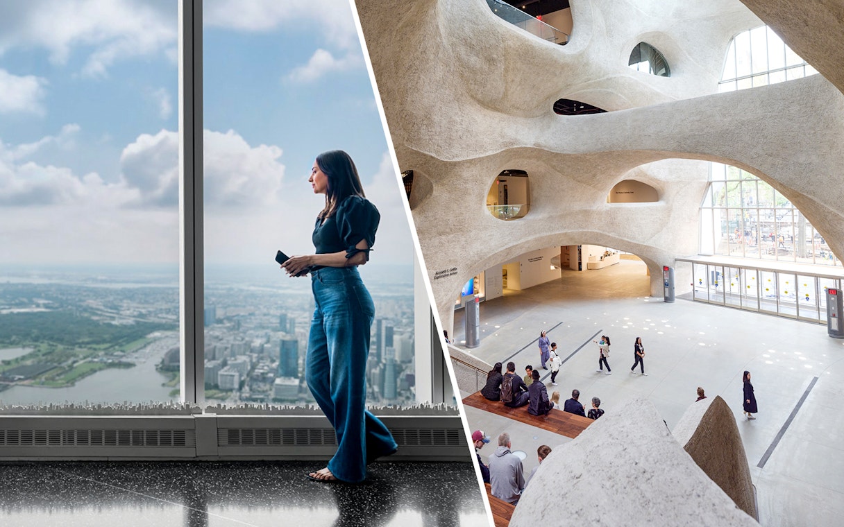 Woman viewing cityscape from One World Observatory; interior of American Museum of Natural History.
