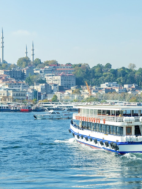 Bosphorus cruise with view of Istanbul's Blue Mosque in the background.