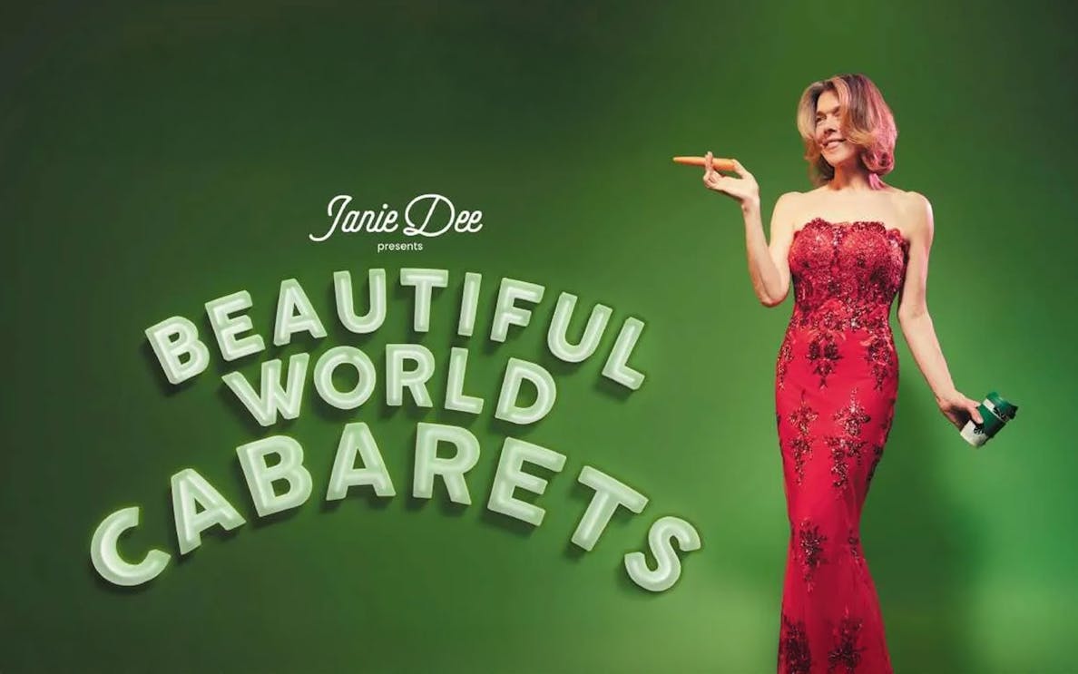 Beautiful World Cabarets poster with a performer in a red dress holding a carrot and cup.