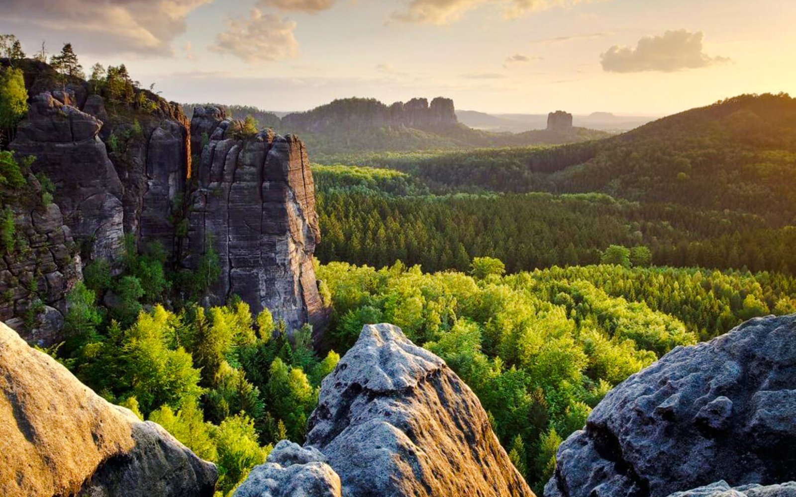 Rock formations and forest landscape in Bohemian Switzerland National Park at sunset.