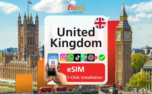 UK eSIM with unlimited data, featuring Big Ben and London skyline.