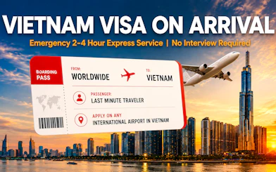 Vietnam visa on arrival service with boarding pass and airplane over Hanoi skyline at sunset.