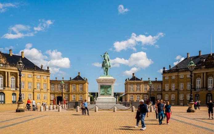 Amalienborg Palace courtyard with equestrian statue, Copenhagen.