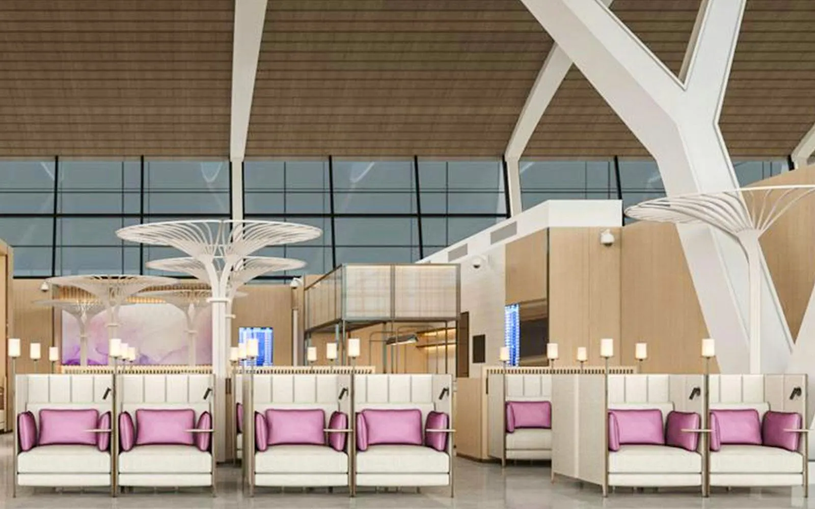 Seating area in Shanghai Pudong International Airport lounge with modern design.