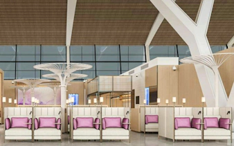 Seating area in Shanghai Pudong International Airport lounge with modern design.