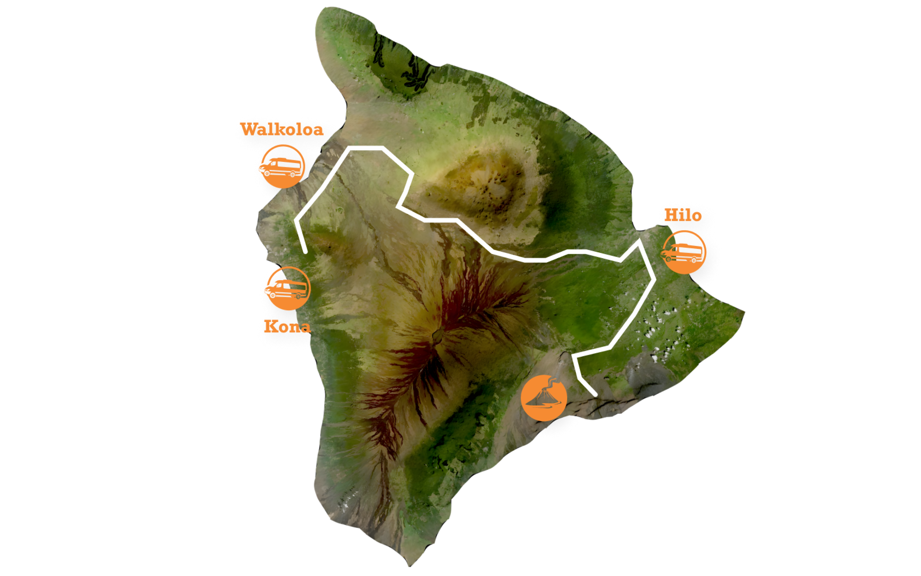 Map of Big Island volcano tour route with stops at Kona, Waikoloa, and Hilo.