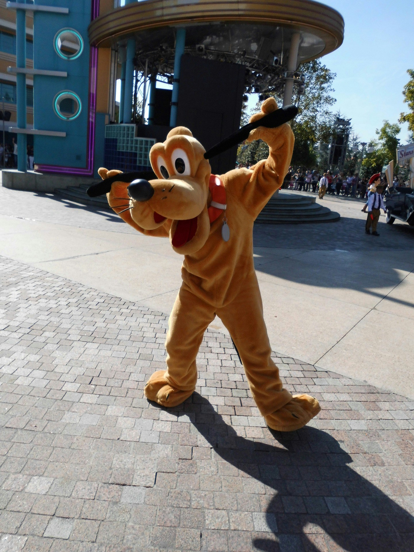 Pluto character posing at Walt Disney theme park.