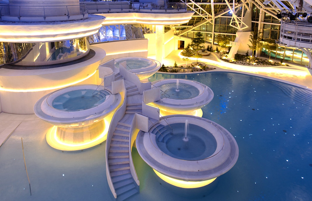 Caldea Spa indoor lagoon with thermal pools and modern architecture in Andorra.