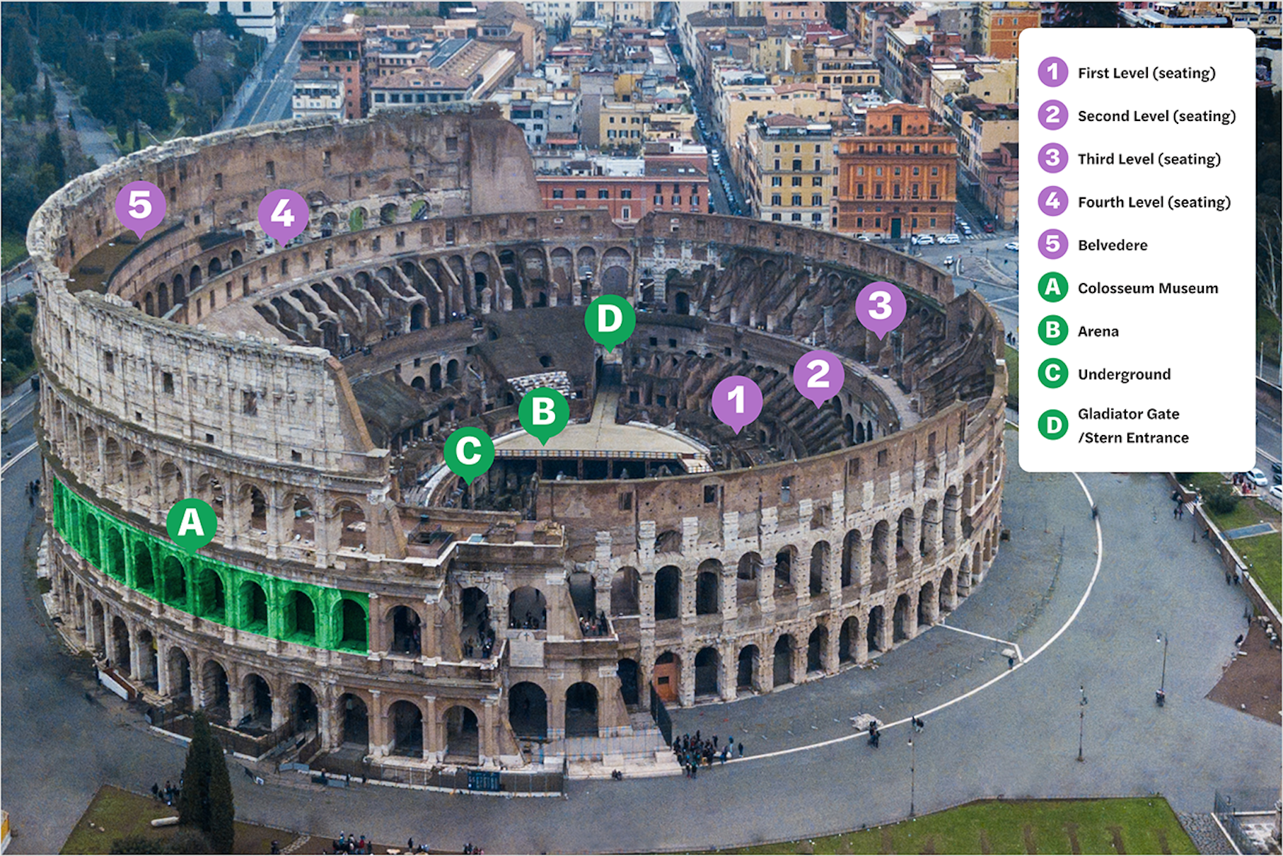 Colosseum in Rome with labeled seating levels and key areas for tours.