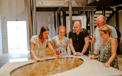 Visitors observing an exhibit at the Egyptian Museum in Turin.