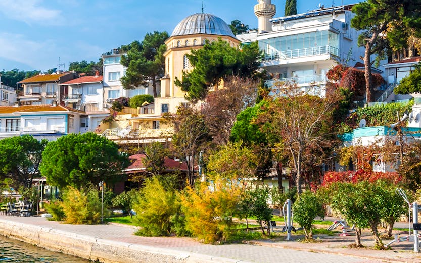 Burgazada Island street view with mosque and waterfront in Istanbul.
