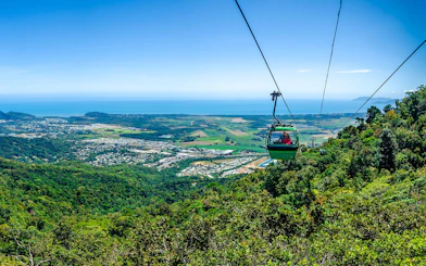 Cable car over lush rainforest with ocean view on Scenic Train and Skyrail Kuranda Tour.