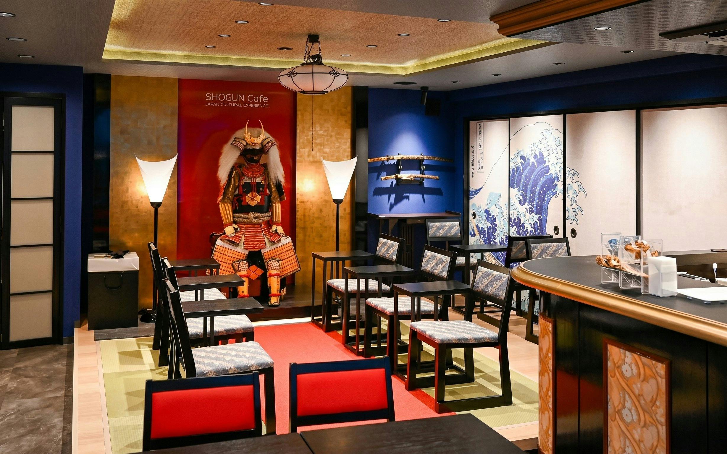 Samurai-themed cafe interior in Tokyo with traditional decor and seating.