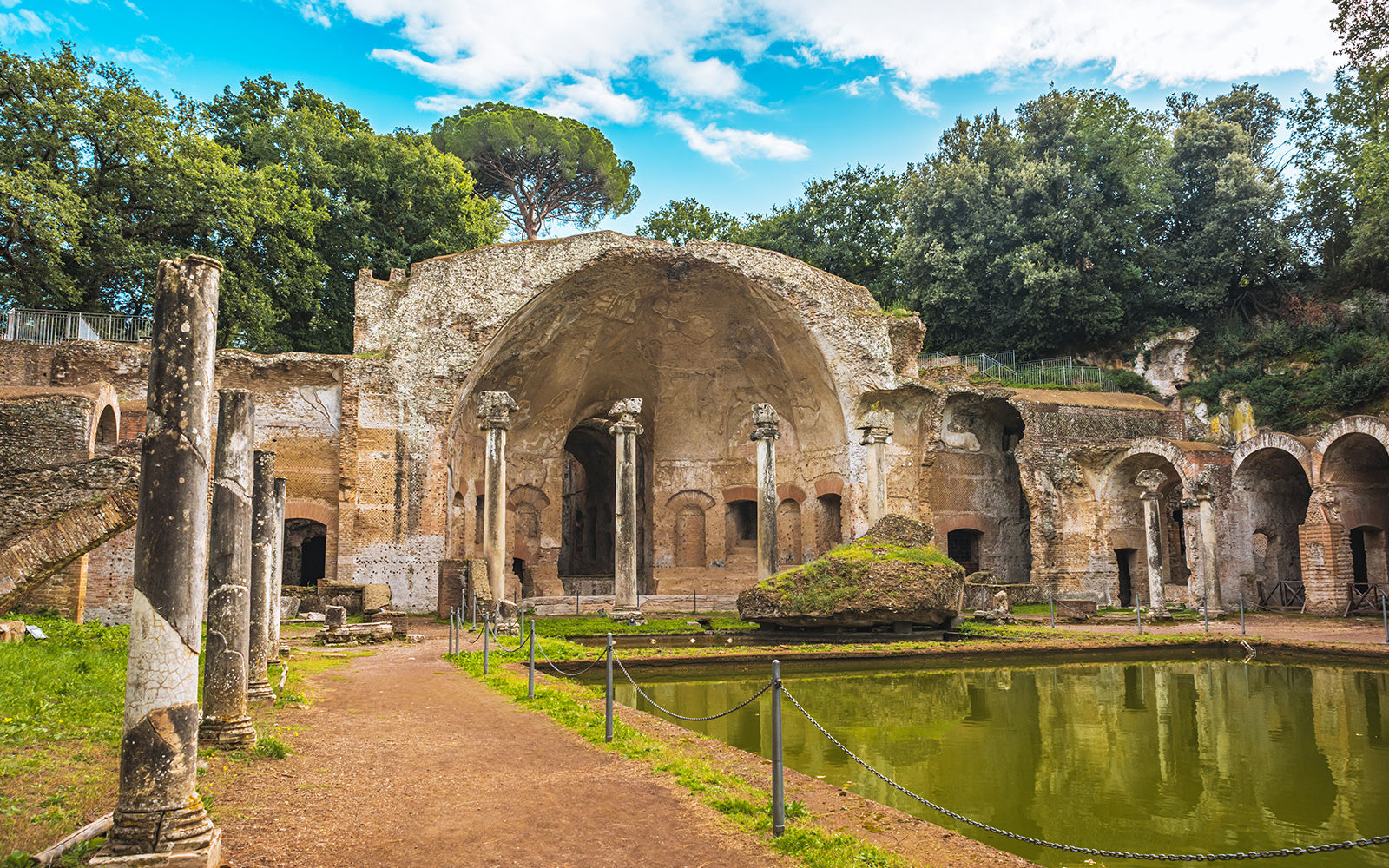 Ancient ruins and reflecting pool at Hadrian's Villa, Tivoli, Italy.