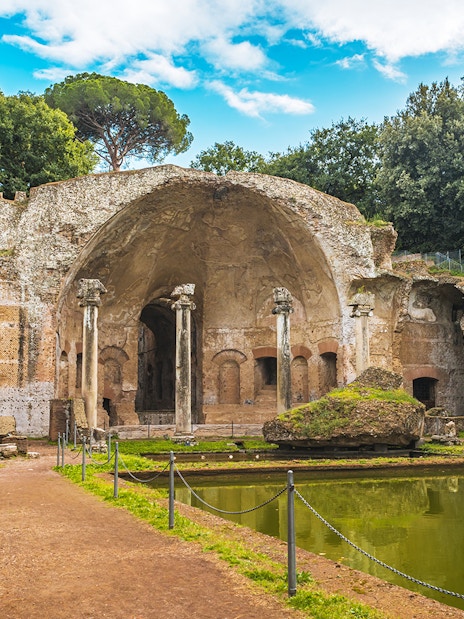 Ancient ruins and reflecting pool at Hadrian's Villa, Tivoli, Italy.