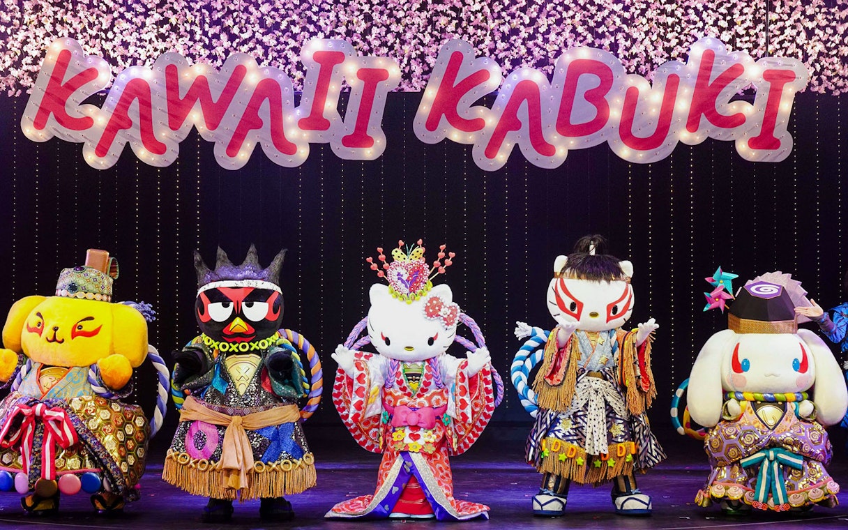 Sanrio characters in kabuki costumes on stage at Sanrio Puroland, Tokyo.