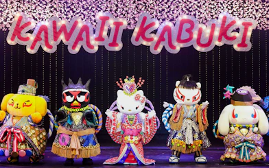 Sanrio characters in kabuki costumes on stage at Sanrio Puroland, Tokyo.