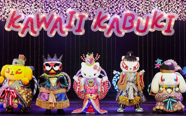 Sanrio characters in kabuki costumes on stage at Sanrio Puroland, Tokyo.