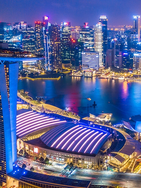 Singapore skyline at night viewed from the Singapore Flyer, featuring Marina Bay Sands and city lights.