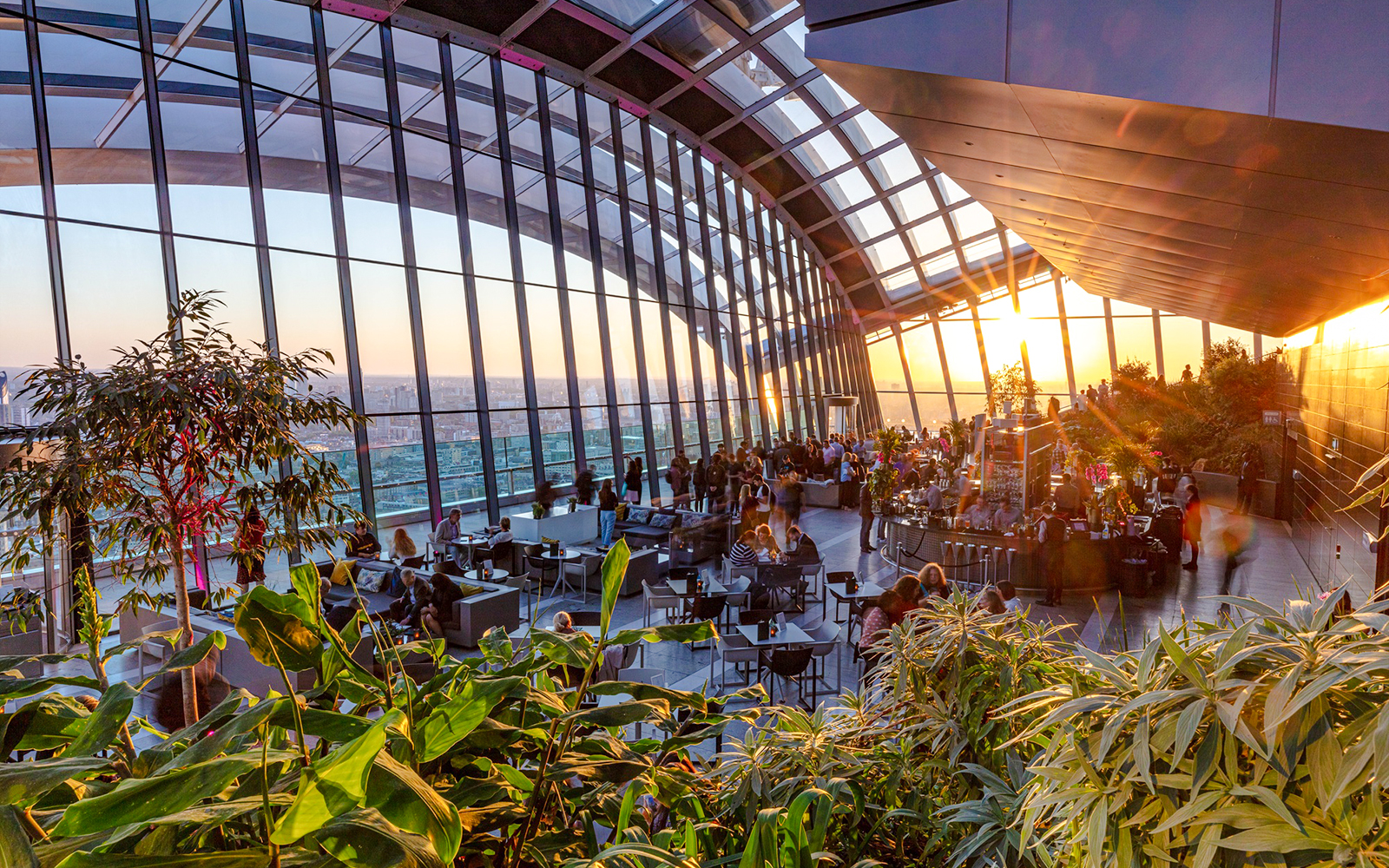 Sky Garden London evening view with people dining and cityscape backdrop.