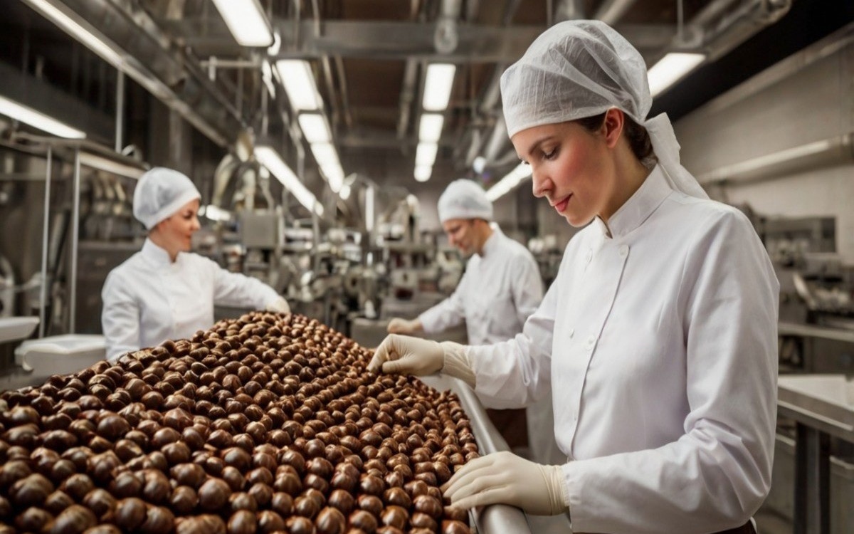 Chocolate production at Lindt Home of Chocolate Museum, workers inspecting pralines.